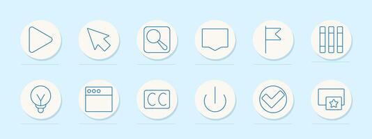 Multimedia set icon. Play, cursor, search, chat, flag, equalizer, idea, web page, subtitles, power, checkmark, favorite vector