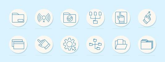 File management set icon. Folder, no signal, verified folder, directory, touch interaction, sharing, structure, documents, organization, settings, storage vector