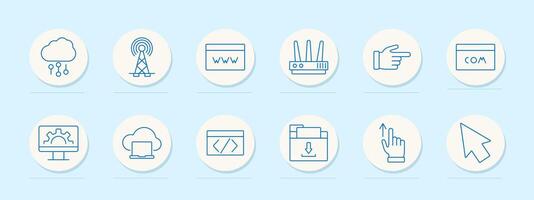 Internet technology set icon. Cloud computing, antenna, website, router, hand pointer, domain, settings, laptop, coding, download, upload, cursor vector