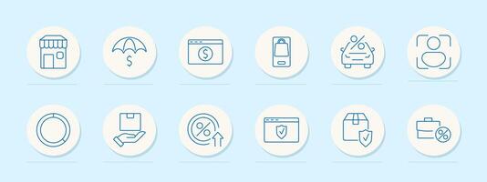 E-commerce set icon. Store, umbrella, webpage, mobile bag, car delivery, customer icon, package, percentage growth, protection shield. Represent online shopping, delivery, and secure transactions vector