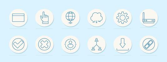 Internet set icon. Web page, hand gesture, globe, cloud computing, settings, router, approval, rejection, hierarchy, download, link vector