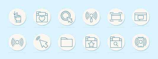 Web set icon. Hand click, favorite folder, cursor on settings, wireless signal, notification, chat, search, star folder, link vector