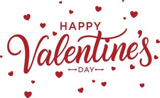 Happy Valentine's Day illustration with lettering text and red hearts around on the white background vector