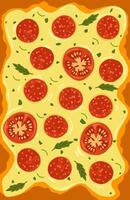 Delicious pizza with tomatoes and basil on a yellow background. Cheese Paperoni vector