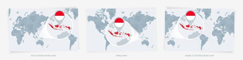 Three versions of the World Map with the enlarged map of Indonesia with flag. vector