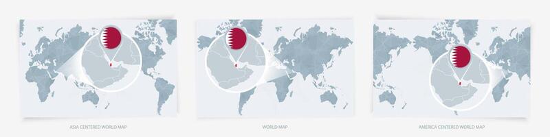 Three versions of the World Map with the enlarged map of Qatar with flag. vector
