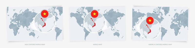 Three versions of the World Map with the enlarged map of Vietnam with flag. vector