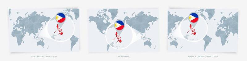 Three versions of the World Map with the enlarged map of Philippines with flag. vector