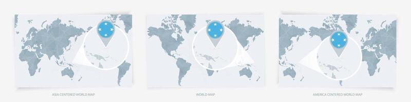 Three versions of the World Map with the enlarged map of Micronesia with flag. vector