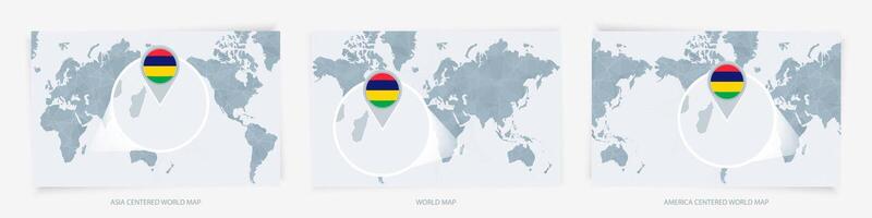 Three versions of the World Map with the enlarged map of Mauritius with flag. vector