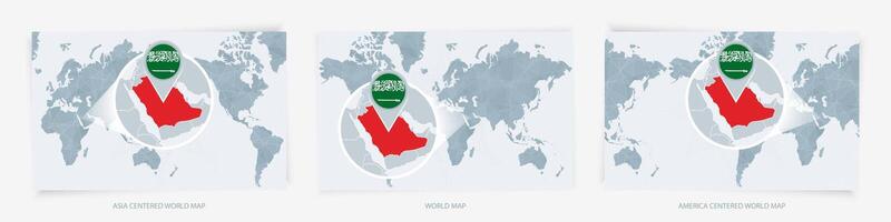 Three versions of the World Map with the enlarged map of Saudi Arabia with flag. vector