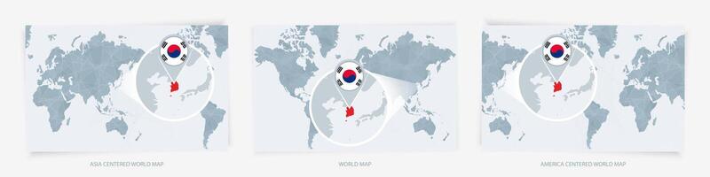 Three versions of the World Map with the enlarged map of South Korea with flag. vector