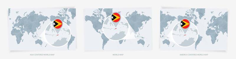 Three versions of the World Map with the enlarged map of East Timor with flag. vector