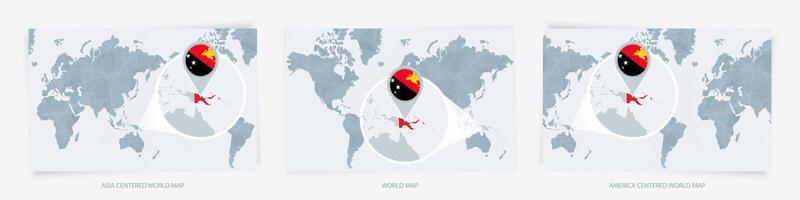 Three versions of the World Map with the enlarged map of Papua New Guinea with flag. vector