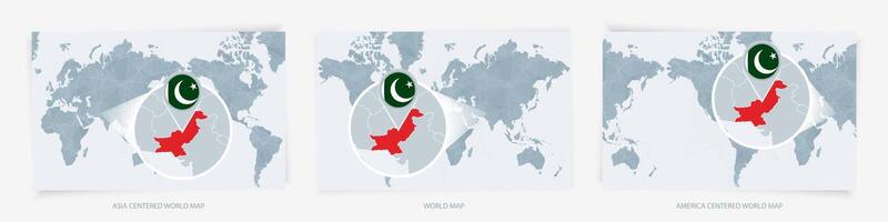 Three versions of the World Map with the enlarged map of Pakistan with flag. vector