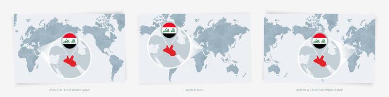 Three versions of the World Map with the enlarged map of Iraq with flag. vector