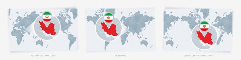 Three versions of the World Map with the enlarged map of Iran with flag. vector