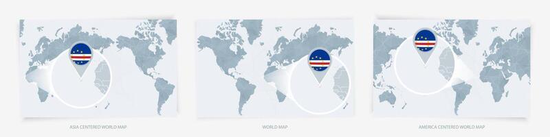 Three versions of the World Map with the enlarged map of Cape Verde with flag. vector