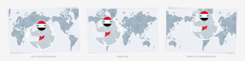 Three versions of the World Map with the enlarged map of Syria with flag. vector
