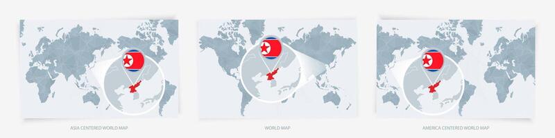 Three versions of the World Map with the enlarged map of North Korea with flag. vector