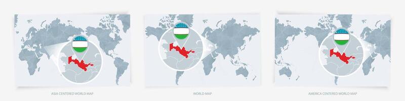 Three versions of the World Map with the enlarged map of Uzbekistan with flag. vector