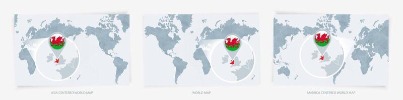 Three versions of the World Map with the enlarged map of Wales with flag. vector