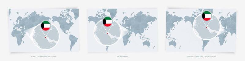 Three versions of the World Map with the enlarged map of Kuwait with flag. vector