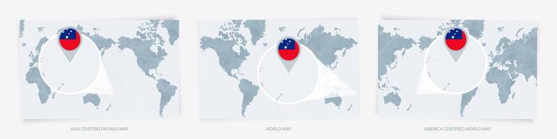 Three versions of the World Map with the enlarged map of Samoa with flag. vector