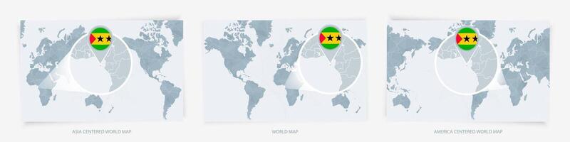 Three versions of the World Map with the enlarged map of Sao Tome and Principe with flag. vector