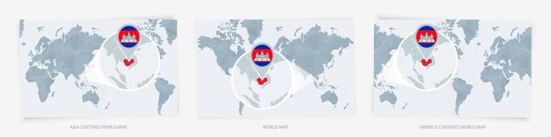 Three versions of the World Map with the enlarged map of Cambodia with flag. vector