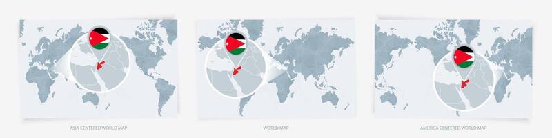Three versions of the World Map with the enlarged map of Jordan with flag. vector