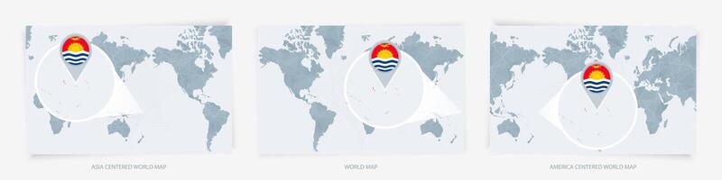 Three versions of the World Map with the enlarged map of Kiribati with flag. vector