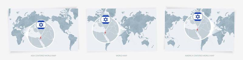 Three versions of the World Map with the enlarged map of Israel with flag. vector