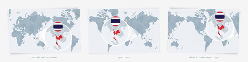 Three versions of the World Map with the enlarged map of Thailand with flag. vector