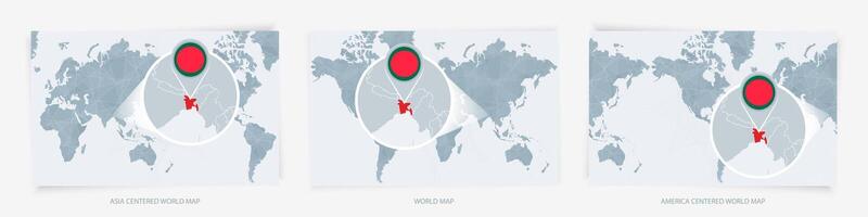 Three versions of the World Map with the enlarged map of Bangladesh with flag. vector