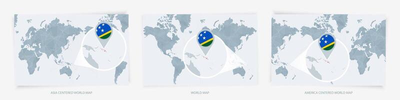 Three versions of the World Map with the enlarged map of Solomon Islands with flag. vector