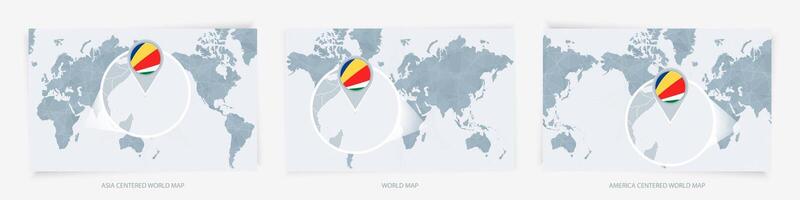 Three versions of the World Map with the enlarged map of Seychelles with flag. vector
