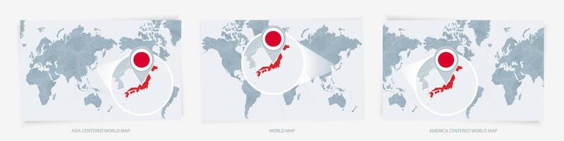 Three versions of the World Map with the enlarged map of Japan with flag. vector
