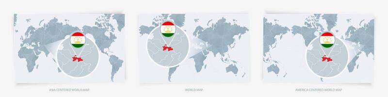 Three versions of the World Map with the enlarged map of Tajikistan with flag. vector