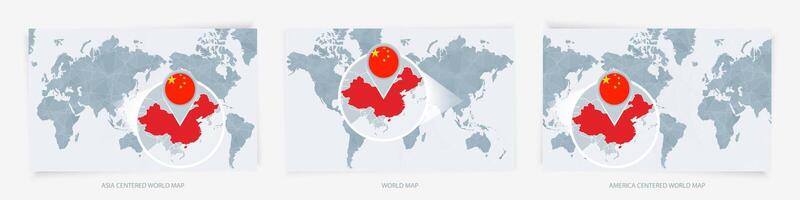 Three versions of the World Map with the enlarged map of China with flag. vector