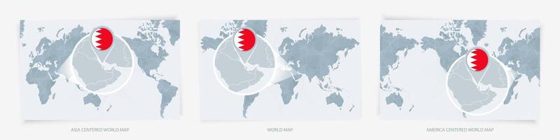 Three versions of the World Map with the enlarged map of Bahrain with flag. vector