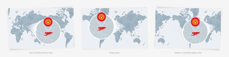 Three versions of the World Map with the enlarged map of Kyrgyzstan with flag. vector