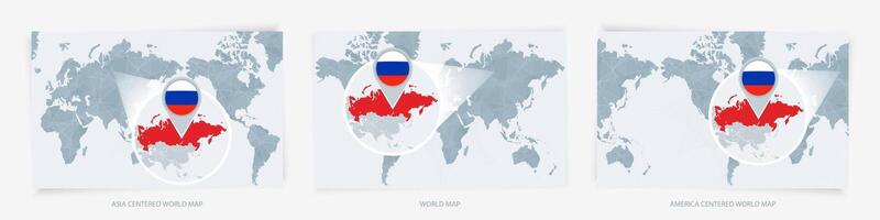Three versions of the World Map with the enlarged map of Russia with flag. vector