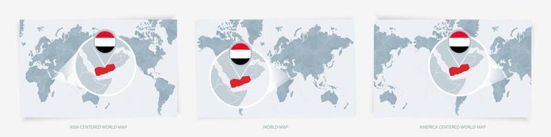 Three versions of the World Map with the enlarged map of Yemen with flag. vector