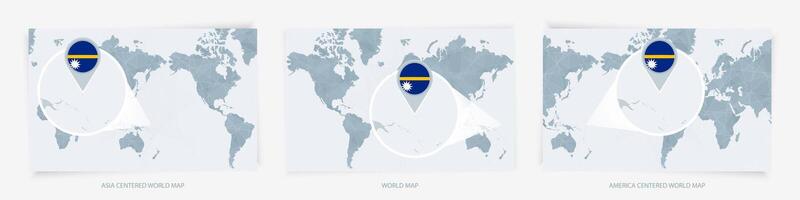 Three versions of the World Map with the enlarged map of Nauru with flag. vector