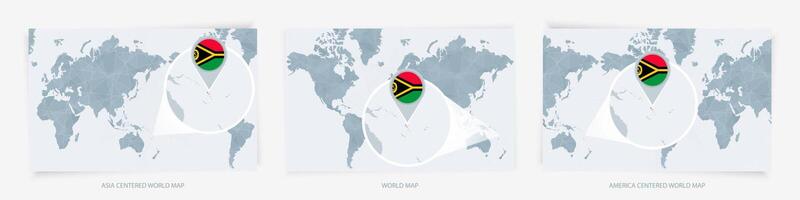 Three versions of the World Map with the enlarged map of Vanuatu with flag. vector