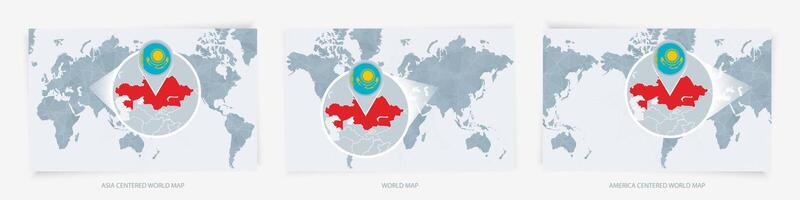 Three versions of the World Map with the enlarged map of Kazakhstan with flag. vector