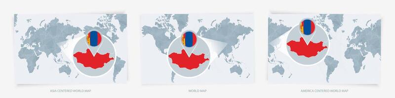 Three versions of the World Map with the enlarged map of Mongolia with flag. vector