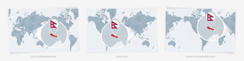 Three versions of the World Map with the enlarged map of Nepal with flag. vector