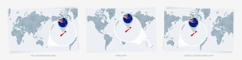 Three versions of the World Map with the enlarged map of New Zealand with flag. vector